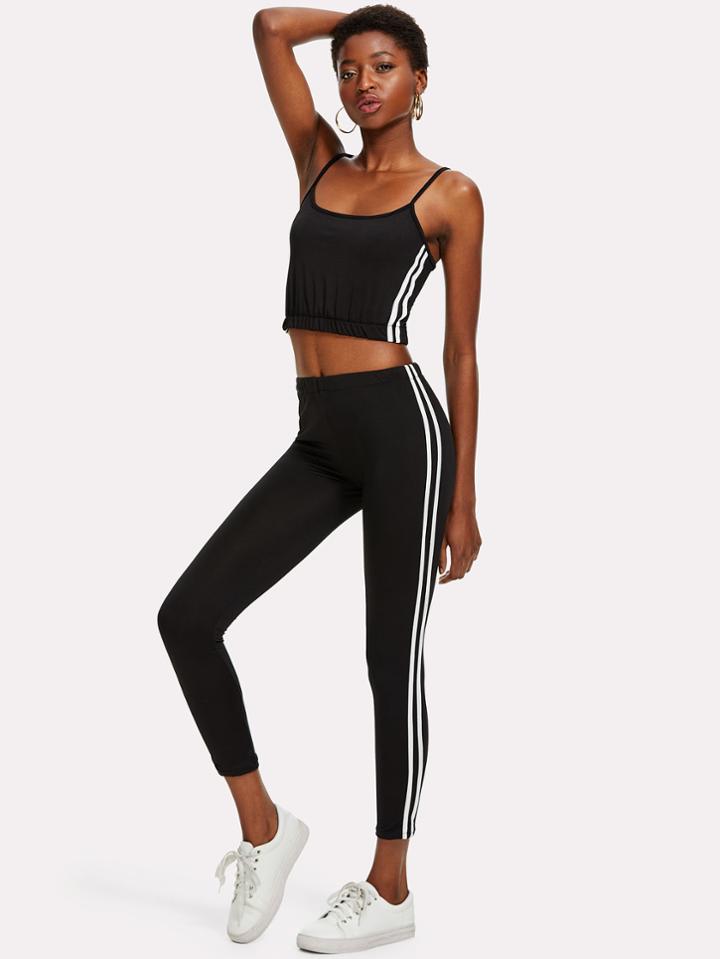 Romwe Contrast Striped Side Cami Top With Pants