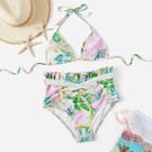 Romwe Leaf Print Frill Trim High Waist Bikini Set