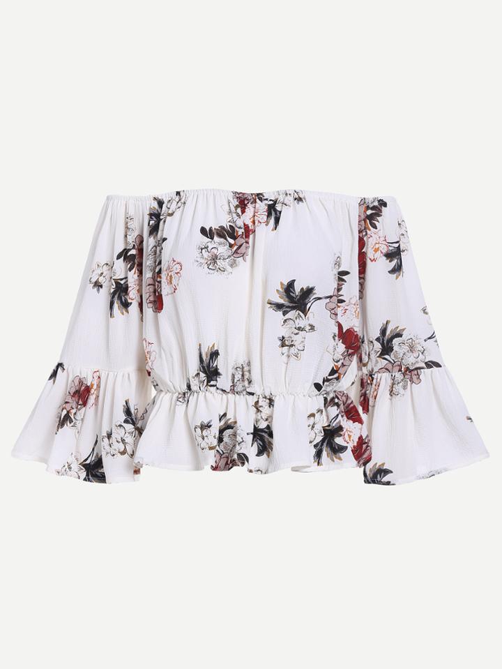 Romwe Beige Florals Off The Shoulder Bell Sleeve Peplum Top
