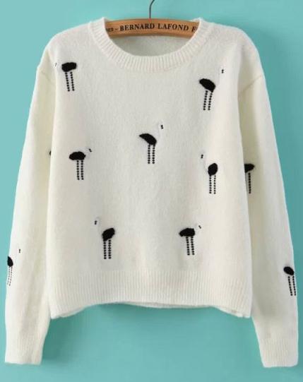 Romwe Ostrich Embroidered White Sweater