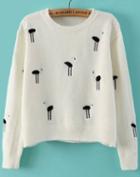 Romwe Ostrich Embroidered White Sweater