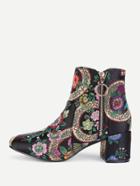 Romwe Flower Embroidery Side Zipper Ankle Boots