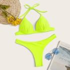 Romwe Neon Lime Self Tie Ruched Halter Bikini Set