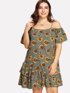 Romwe Sunflower Print Ruffle Hem Dress