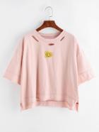 Romwe Pink Letter Print Facial Patch High Low T-shirt