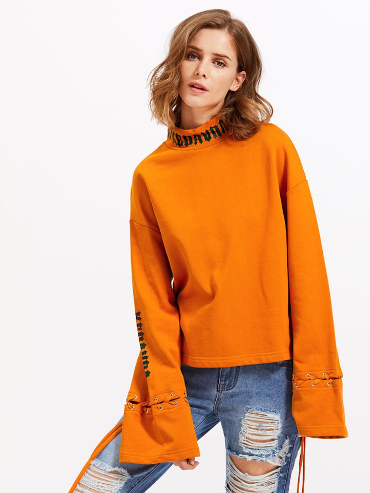 Romwe Zip Back Eyelet Lace Up Sleeve Sweatshirt