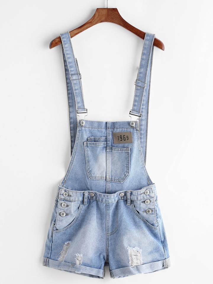 Romwe Light Blue Ripped Cuffed Denim Overall Shorts