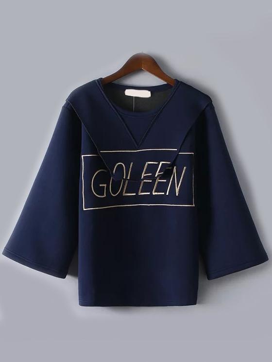 Romwe Round Neck Letter Embroidered Navy Sweatshirt