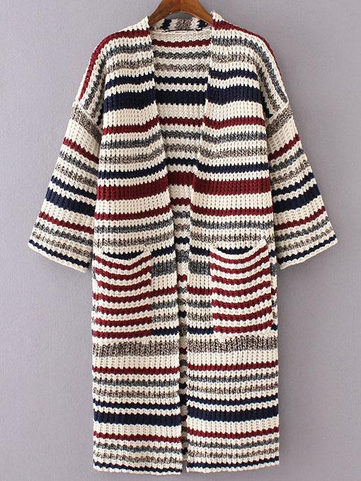 Romwe Red Mixed Stripe Collarless Drop Shoulder Long Sweater Coat