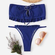 Romwe Frill Trim Tie Front Ribbed Bikini Set