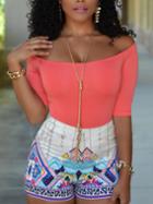Romwe Off-the-shoulder Plain Top With Printed Shorts