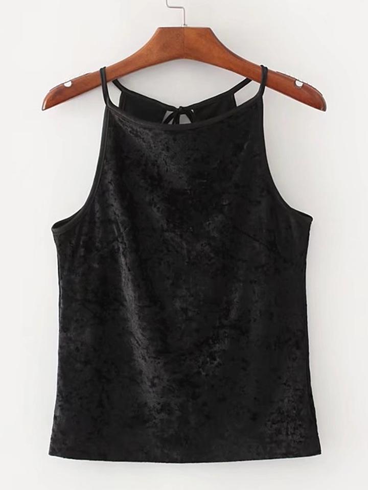 Romwe Open Back Lace Up Detail Velvet Top
