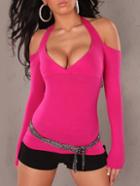 Romwe Rose Cold Shoulder Halter T-shirt