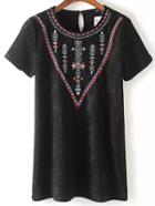 Romwe Black Embroidery Key-hole Back Blouse