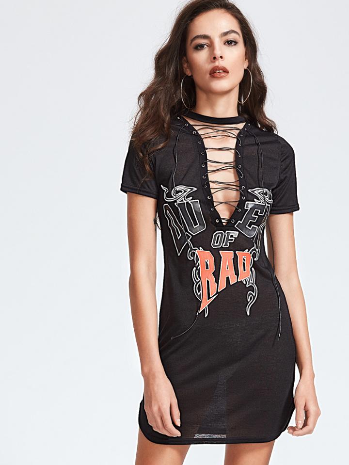 Romwe Black Letter Print Deep V Neck Lace Up Dress