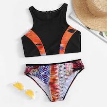 Romwe Zipper Back Top With Tie Dye Bikini Set