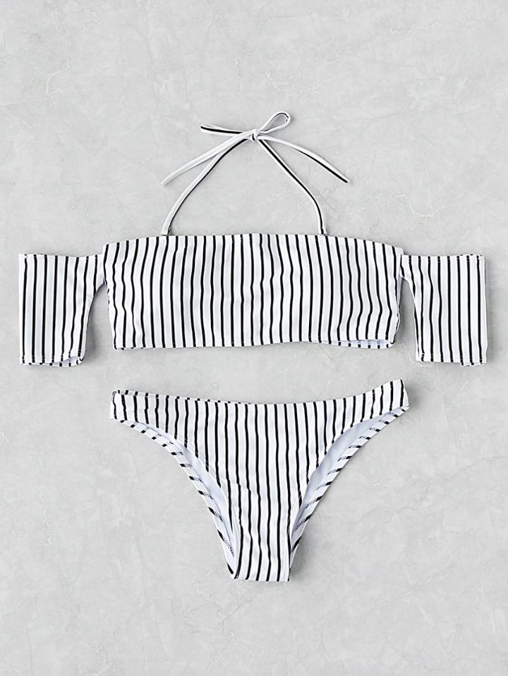 Romwe Vertical Striped Off The Shoulder Bikini Set