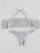 Romwe Vertical Striped Off The Shoulder Bikini Set