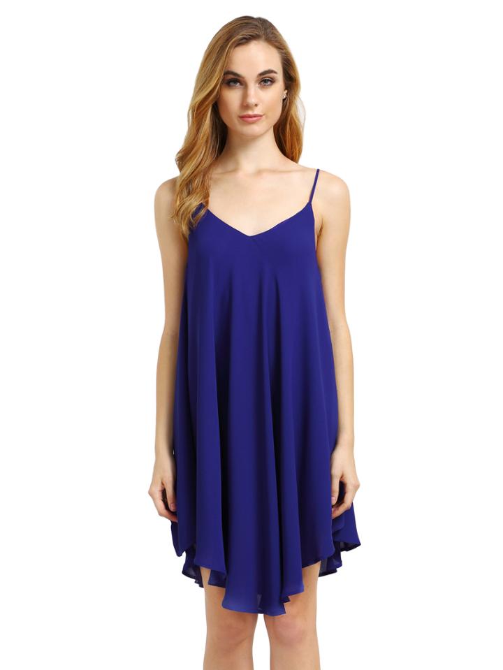 Romwe Deep Blue Spaghetti Strap Asymmetrical Shift Dress Sundresses