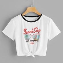 Romwe Letter And Beach Print Knot Hem Ringer Tee