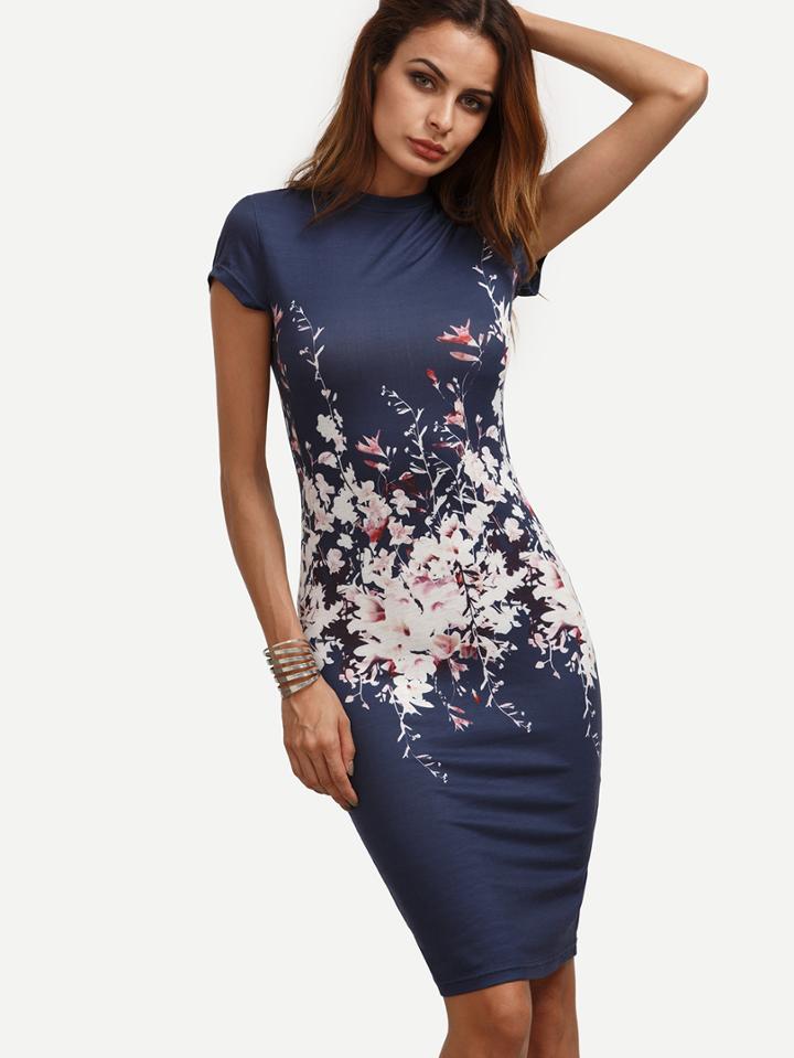 Romwe Multicolor Floral Cap Sleeve Sheath Dress