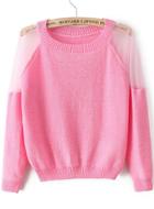 Romwe Sheer Mesh Shoulder Crop Pink Sweater
