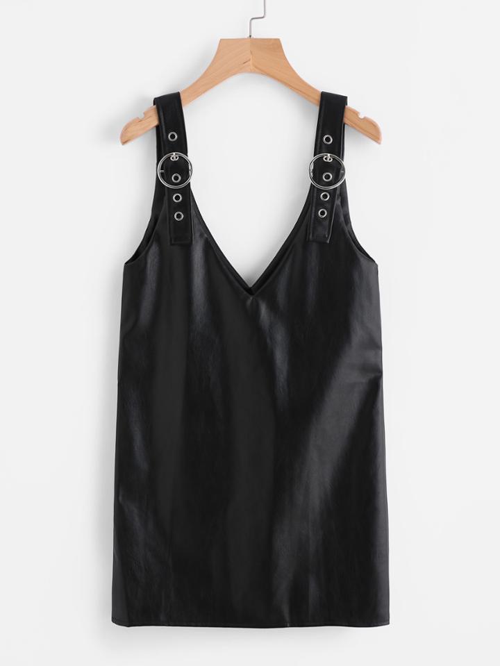 Romwe Ring Detail Pu Leather Pinafore Dress