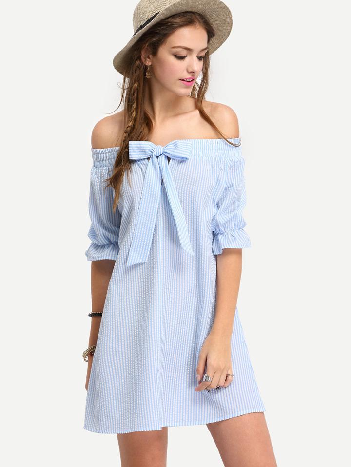 Romwe Bardot Pinstripe Bow Detail Shift Dress