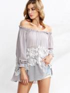 Romwe Grey Lace Applique Off The Shoulder Top With Bandeau
