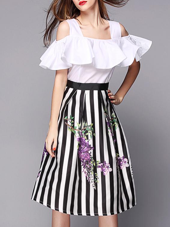 Romwe White Off The Shoulder Ruffle Striped Dress