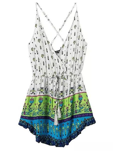 Romwe Multicolor Tribal Print Surplice Front Crisscross Cami Dress