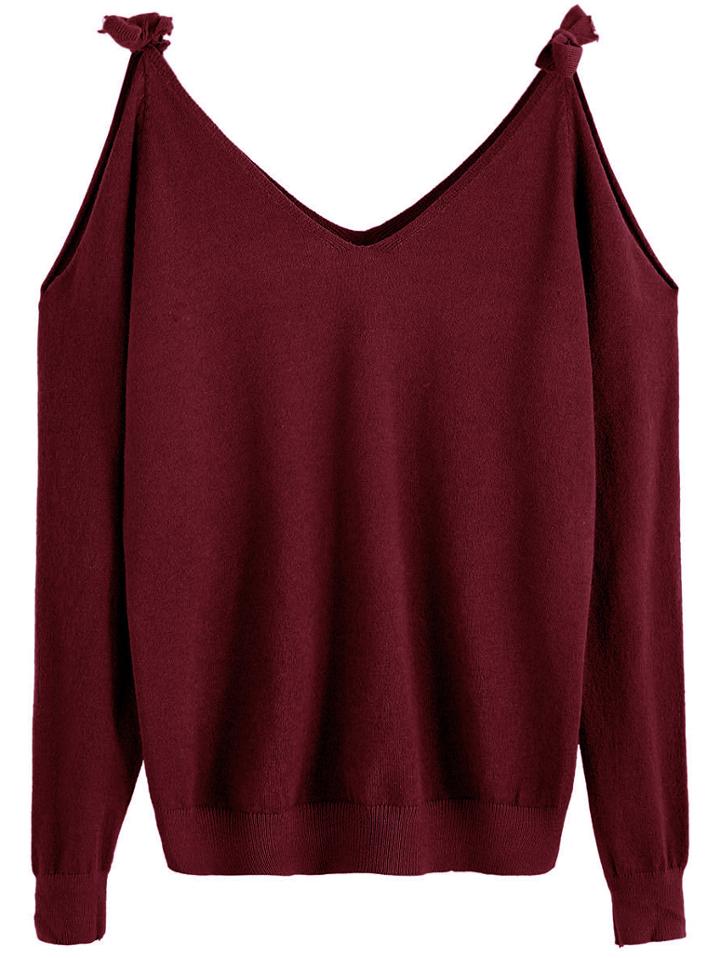 Romwe Burgundy Tie Cold Shoulder Sweater