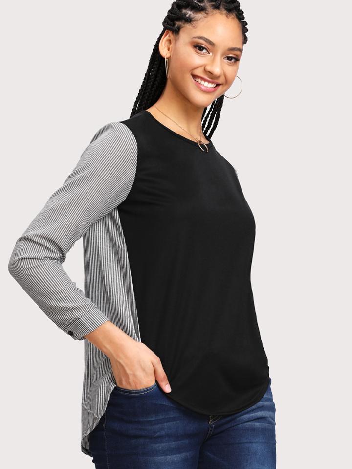 Romwe Curved Hem Color Block Striped Tee