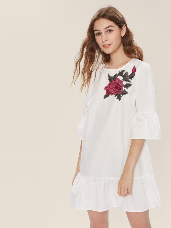 Romwe 3d Flower Patch Trumpet Sleeve Frill Hem Dress