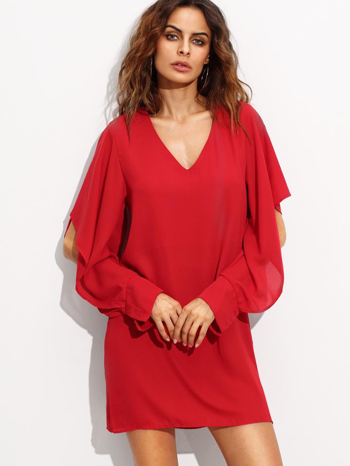 Romwe Red V Neck Slit Sleeve Chiffon Dress