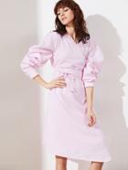 Romwe Pink Striped Puff Sleeve Surplice Wrap Dress