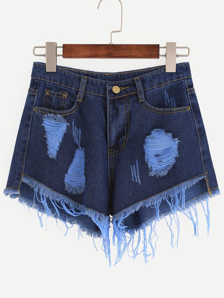 Romwe Dark Blue Ripped Raw Hem Denim Shorts