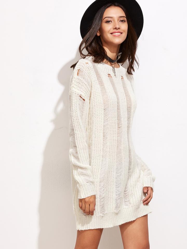 Romwe White Drop Shoulder Ripped Sweater Dress