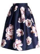 Romwe Peach Blossom Print Midi Navy Skirt