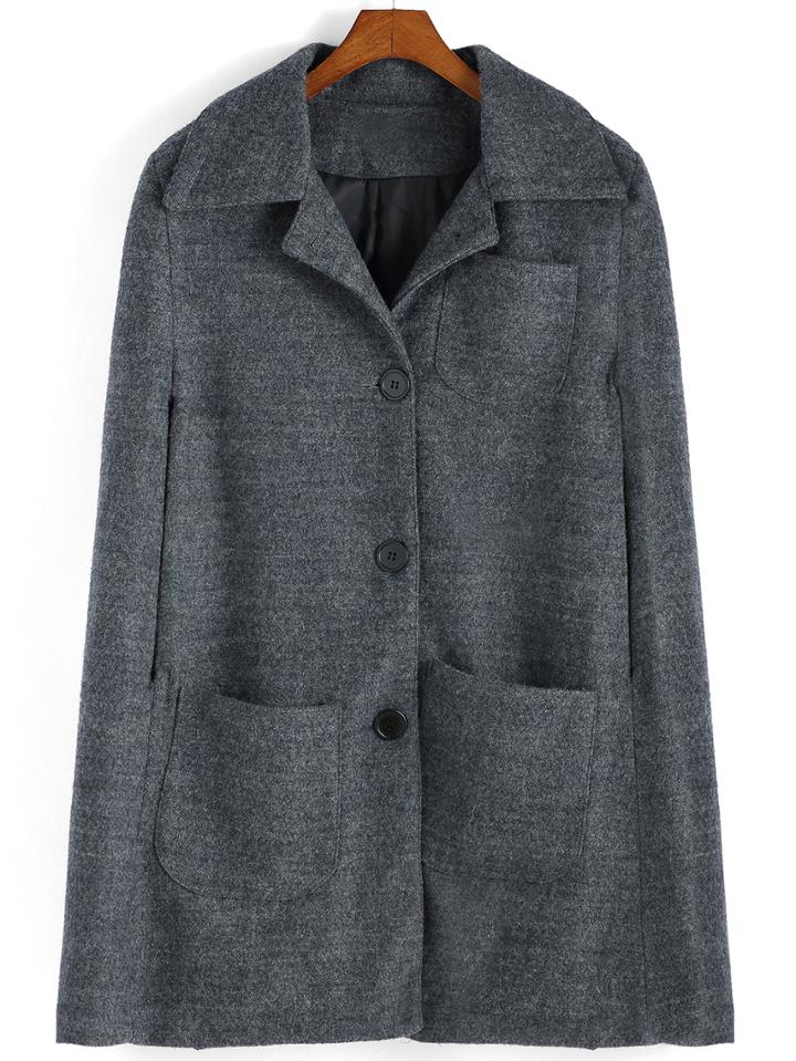 Romwe Lapel Pockets Buttons Poncho Coat