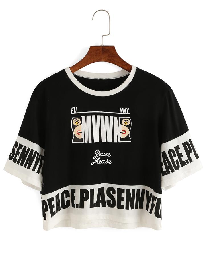 Romwe Contrast Letter Print Crop T-shirt