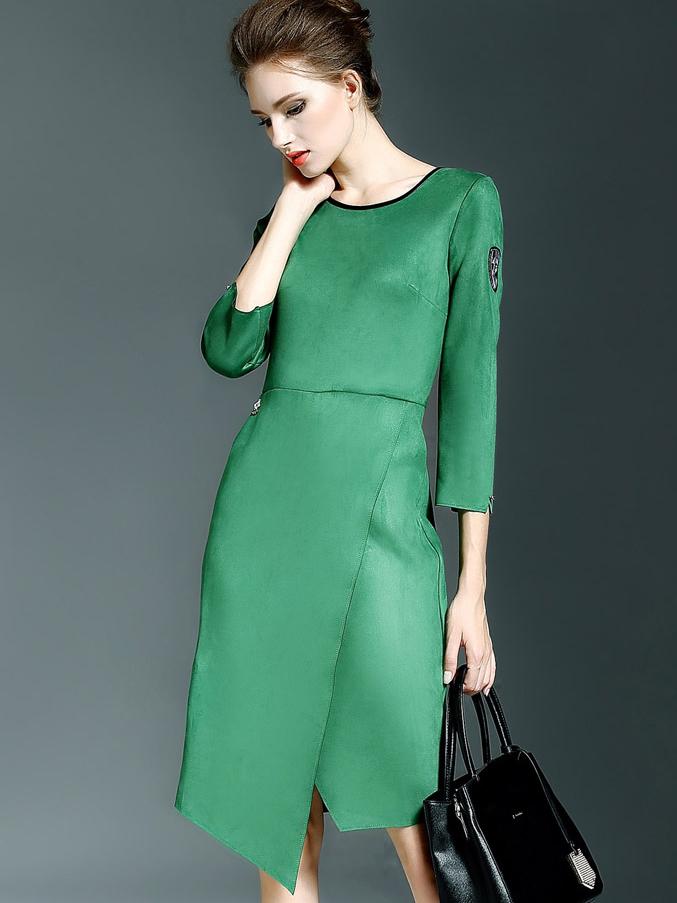 Romwe Green Round Neck Length Sleeve Pockets Dress