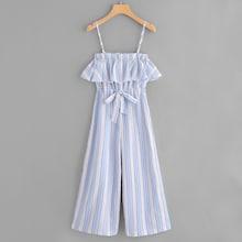 Romwe Striped Drawstring Waist Ruffle Trim Cami Jumpsuit