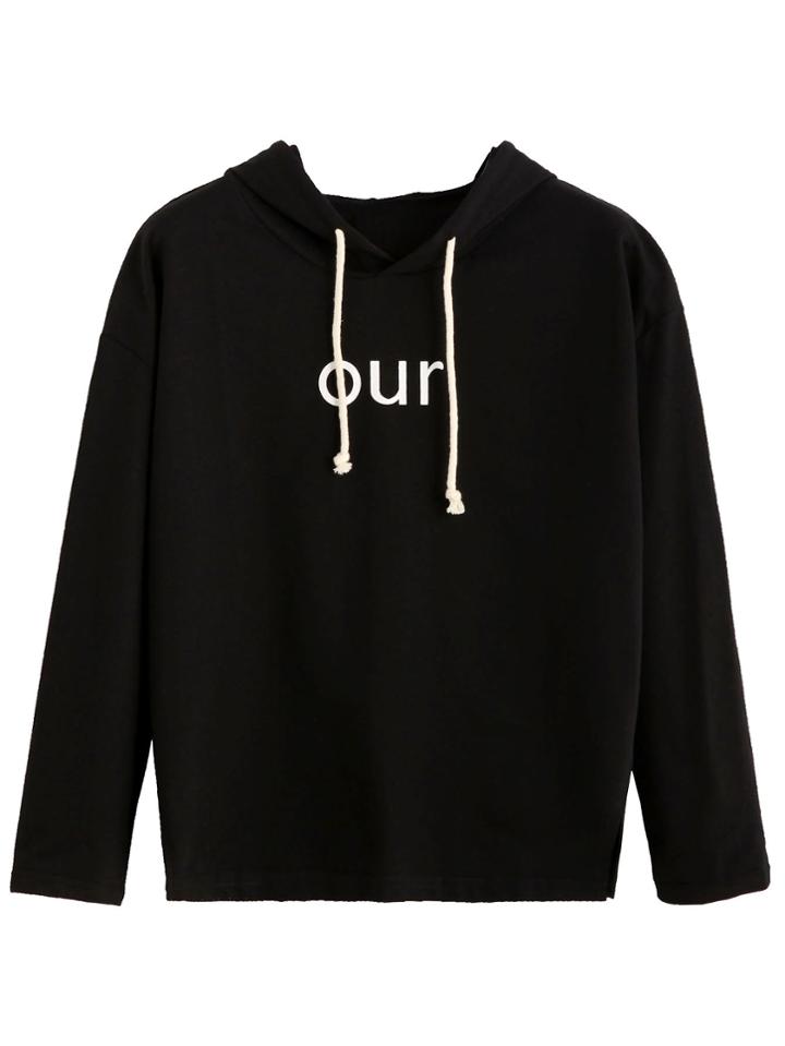 Romwe Black Letter Print Drawstring Hooded Sweatshirt