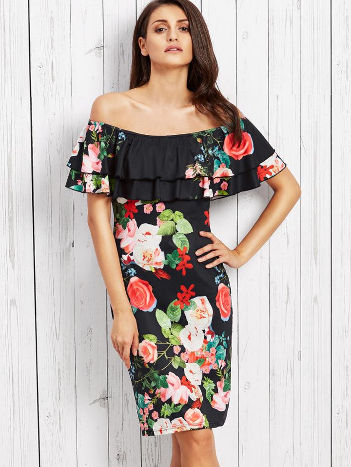 Romwe Rose Print Flounce Layered Neckline Fitted Dress