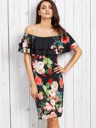 Romwe Rose Print Flounce Layered Neckline Fitted Dress