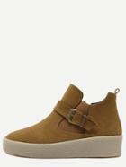 Romwe Camel Faux Suede Buckle Strap Rubber Soled Ankle Boots