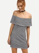 Romwe Flounce Off-the-shoulder Black White Striped Dress