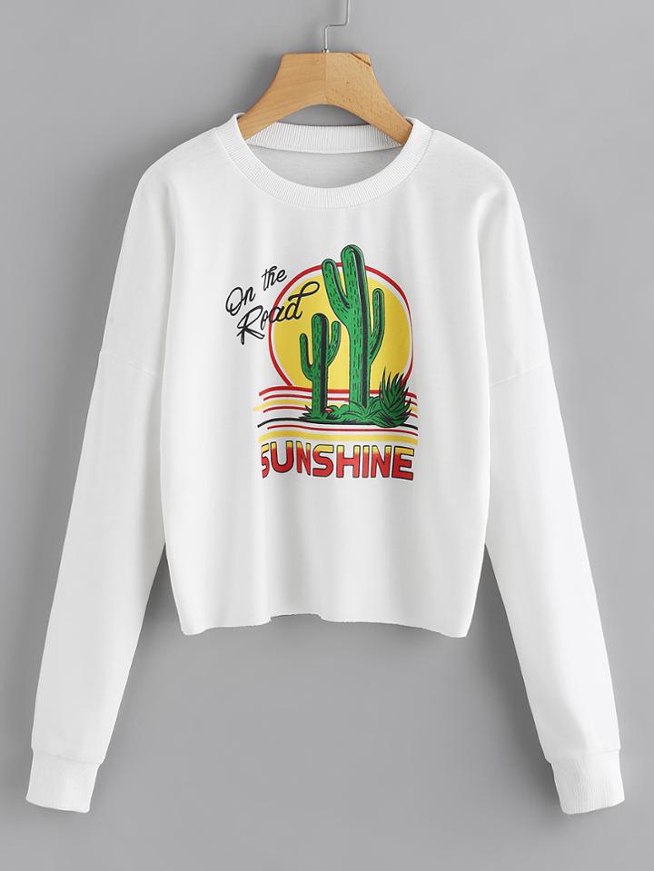 Romwe Cactus Print Drop Shoulder Sweatshirt