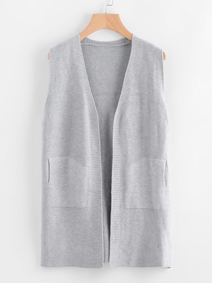Romwe Open Front Double Pockets Knit Vest